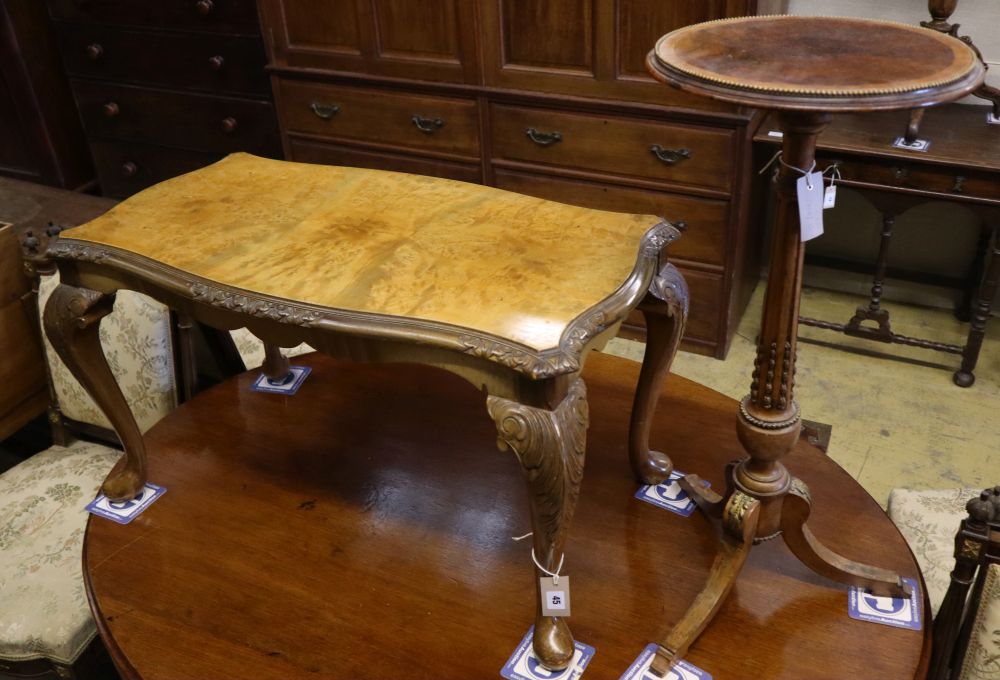 A brass mounted walnut tripod wine table and a Queen Anne style walnut low table, tripod table diameter 34cm height 75cm